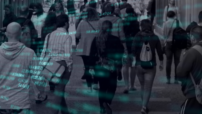 People on street with data over top